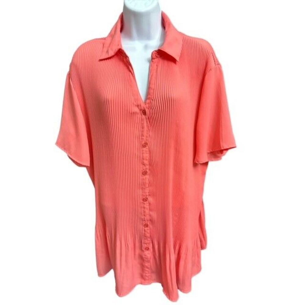 Woman Within 14/16 Top Attractive Orange Accordion Pleat Fabric Button Up Roomy